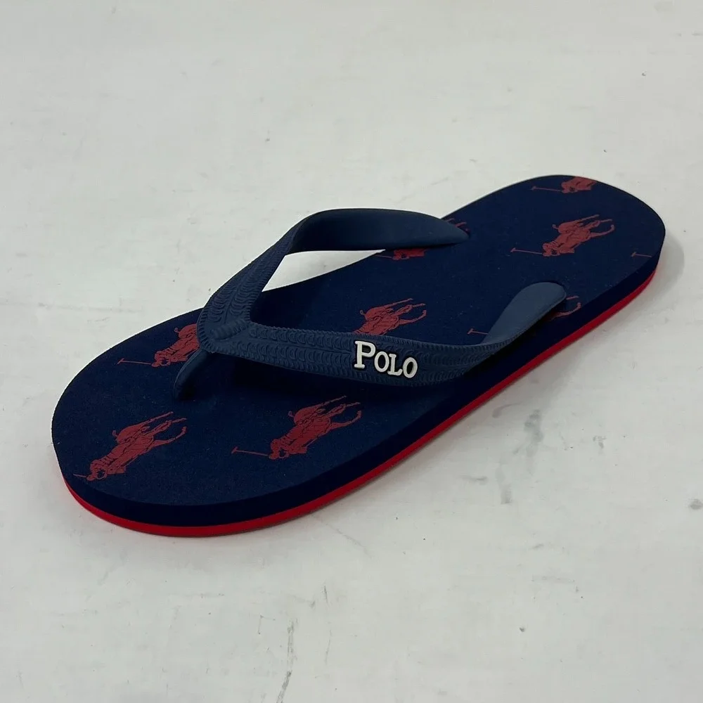 Polo Ralph Lauren Unisex Junior Flip Flop Navy/ Red Pony Logo‎ US Size 4 VTG NEW